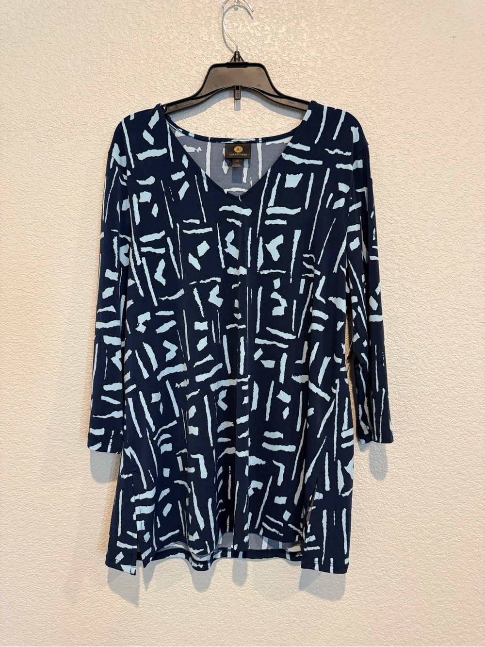 JM Collection Navy Tunic with Light Blue Abstract Print